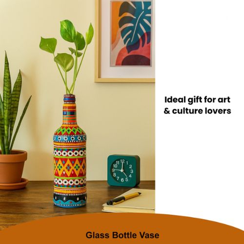 Pakistani Truck Art Glass Bottle Vase (Handpainted) - Traditional Multicolour Home Decor Showpiece (750ml)